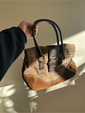 Brown Coach Signature Pattern Satchel Handbag